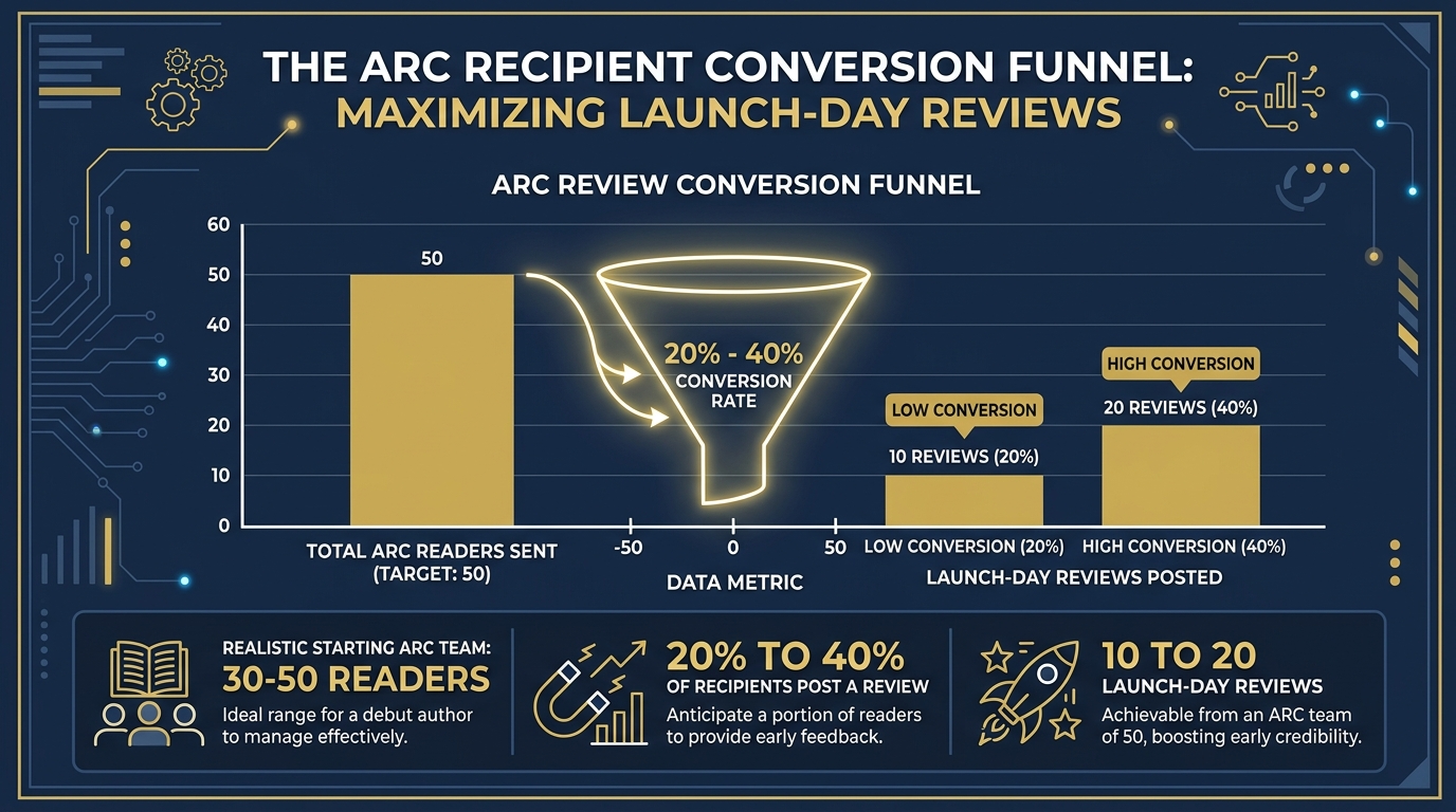 Bar chart showing ARC review conversion rate: 20-40% of ARC readers post a review, yielding 10-20 reviews from 50 recipients