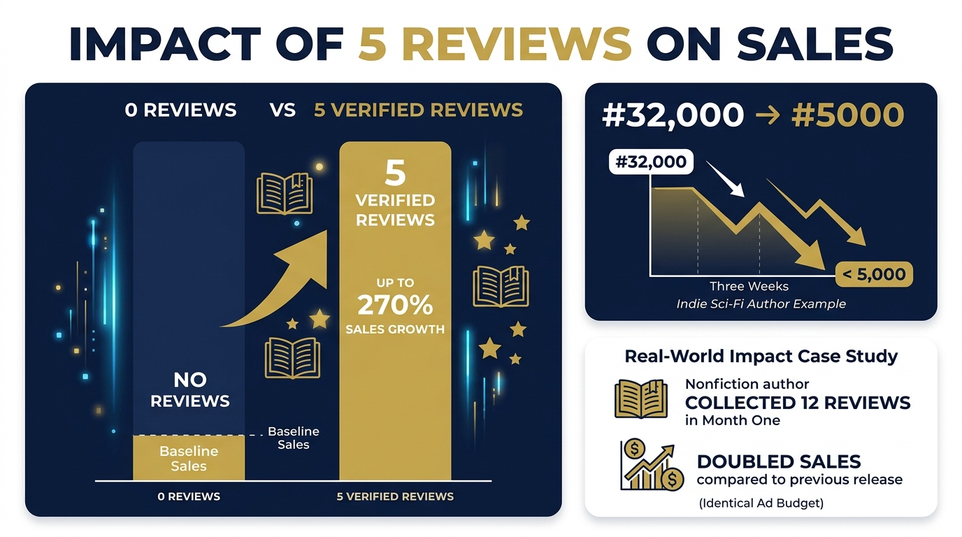 Before and after comparison: books with 5 reviews see 270% sales growth vs zero reviews, plus ranking jump from #32000 to #5000 in 3 weeks
