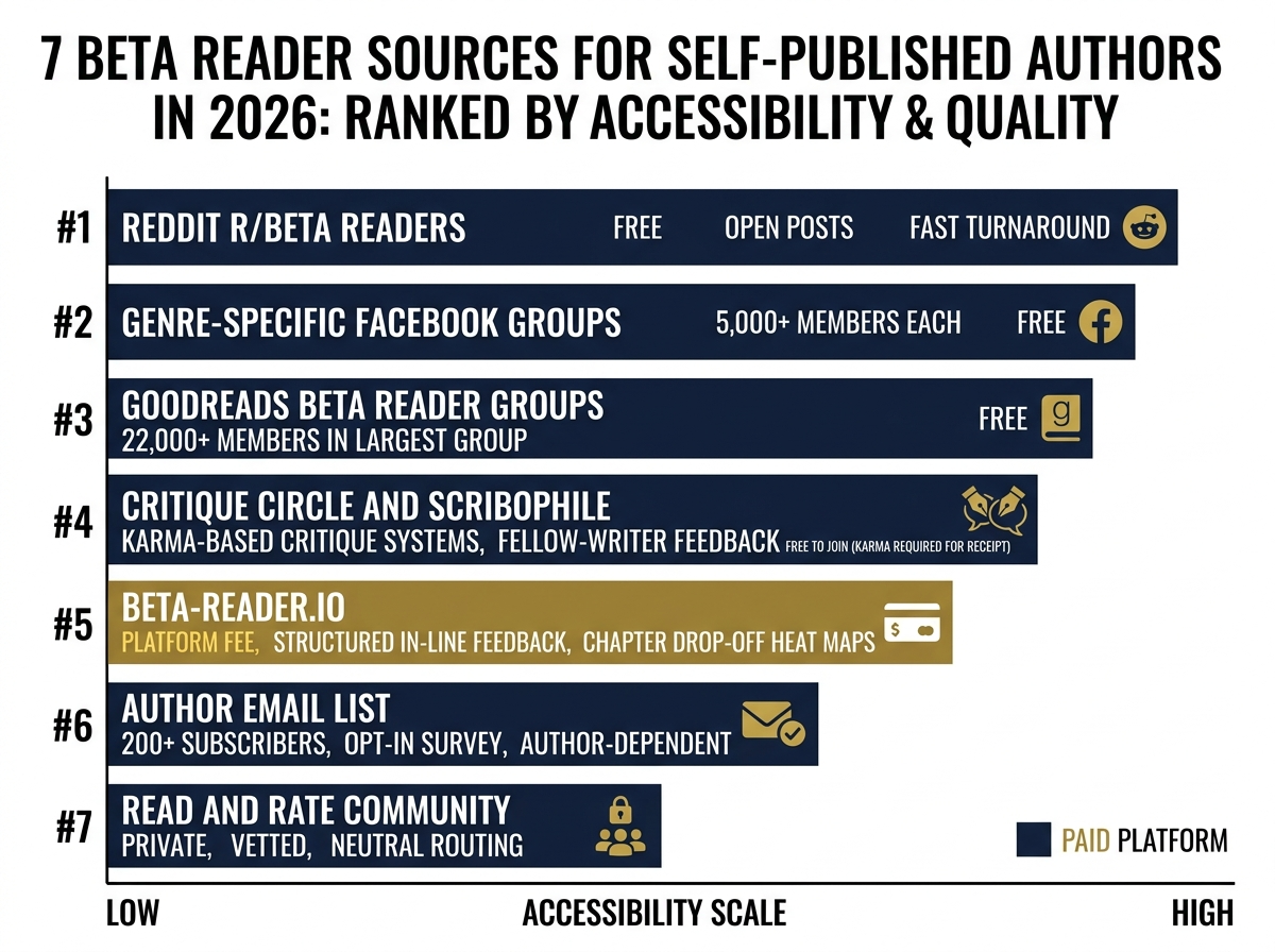 Bar chart comparing 7 beta reader sources by member count and cost: Goodreads 22K members free, Reddit r/BetaReaders free, BetaReader.io platform fee, Facebook groups free, Scribophile karma system, Read and Rate community private