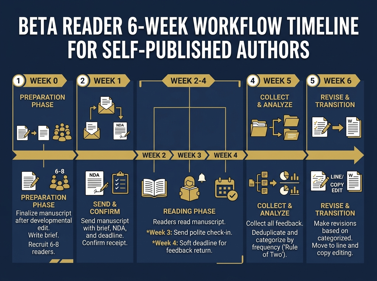6-week beta reader workflow timeline showing brief, manuscript send, mid-read check-in, soft deadline, feedback consolidation, and revision phases