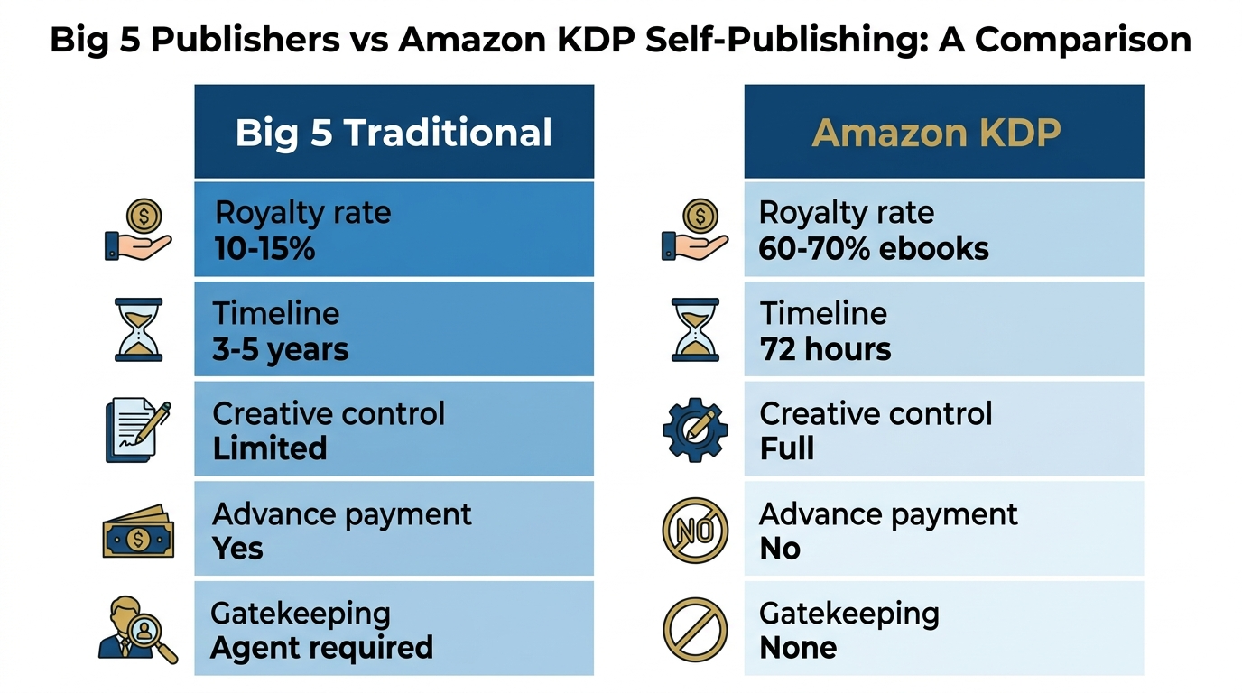 Big 5 Publishers vs Amazon KDP comparison table showing royalty rates, timeline, creative control, and gatekeeping