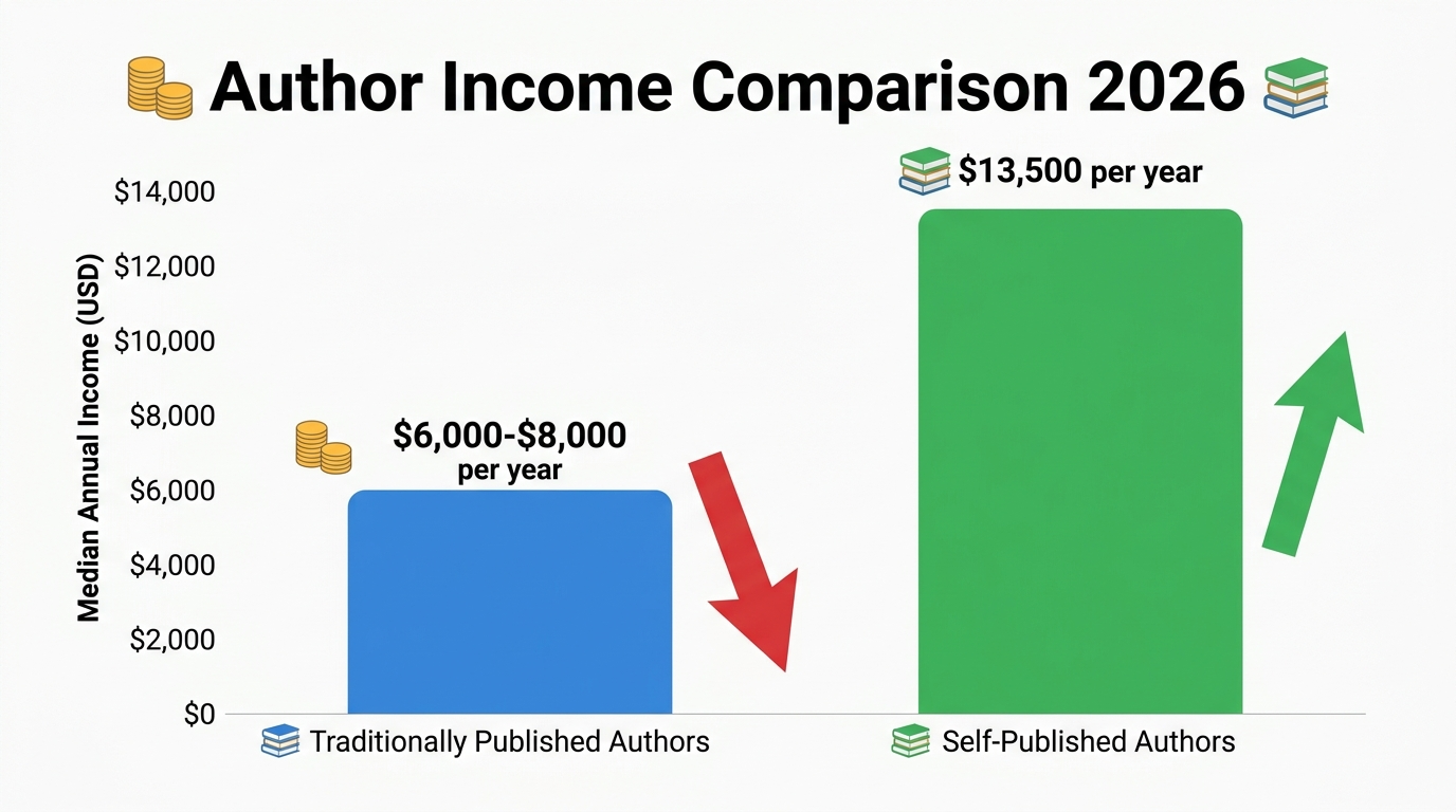 Bar chart comparing author income: traditionally published vs self-published median earnings