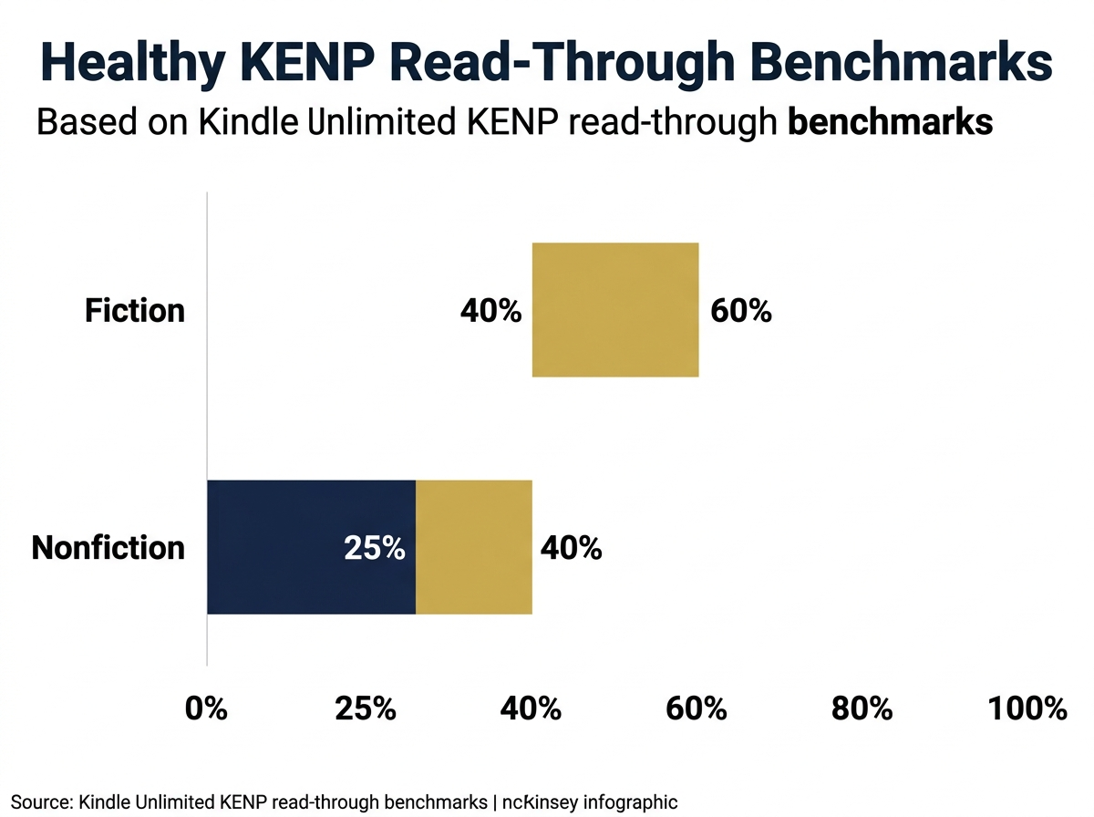 Range bar chart comparing healthy KENP read-through benchmarks: 40 to 60 percent for fiction versus 25 to 40 percent for nonfiction self-published authors
