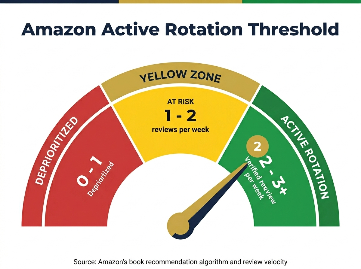 Threshold gauge showing the 2 to 3 verified reviews per week minimum required to stay in Amazon active rotation for category placement