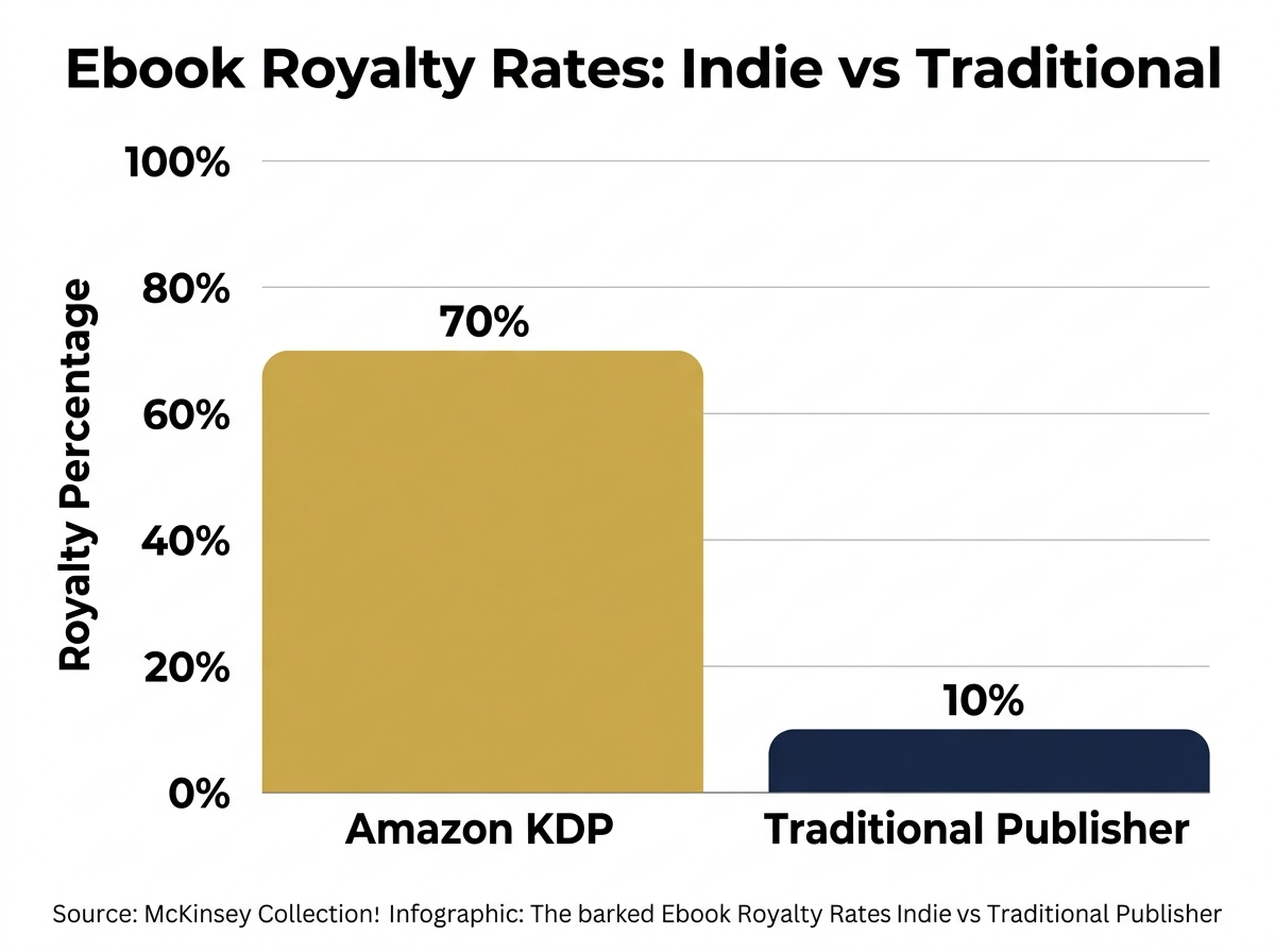 Bar chart comparing 70 percent Amazon KDP indie author ebook royalty rate against 10 to 15 percent traditional publisher contract royalty rates