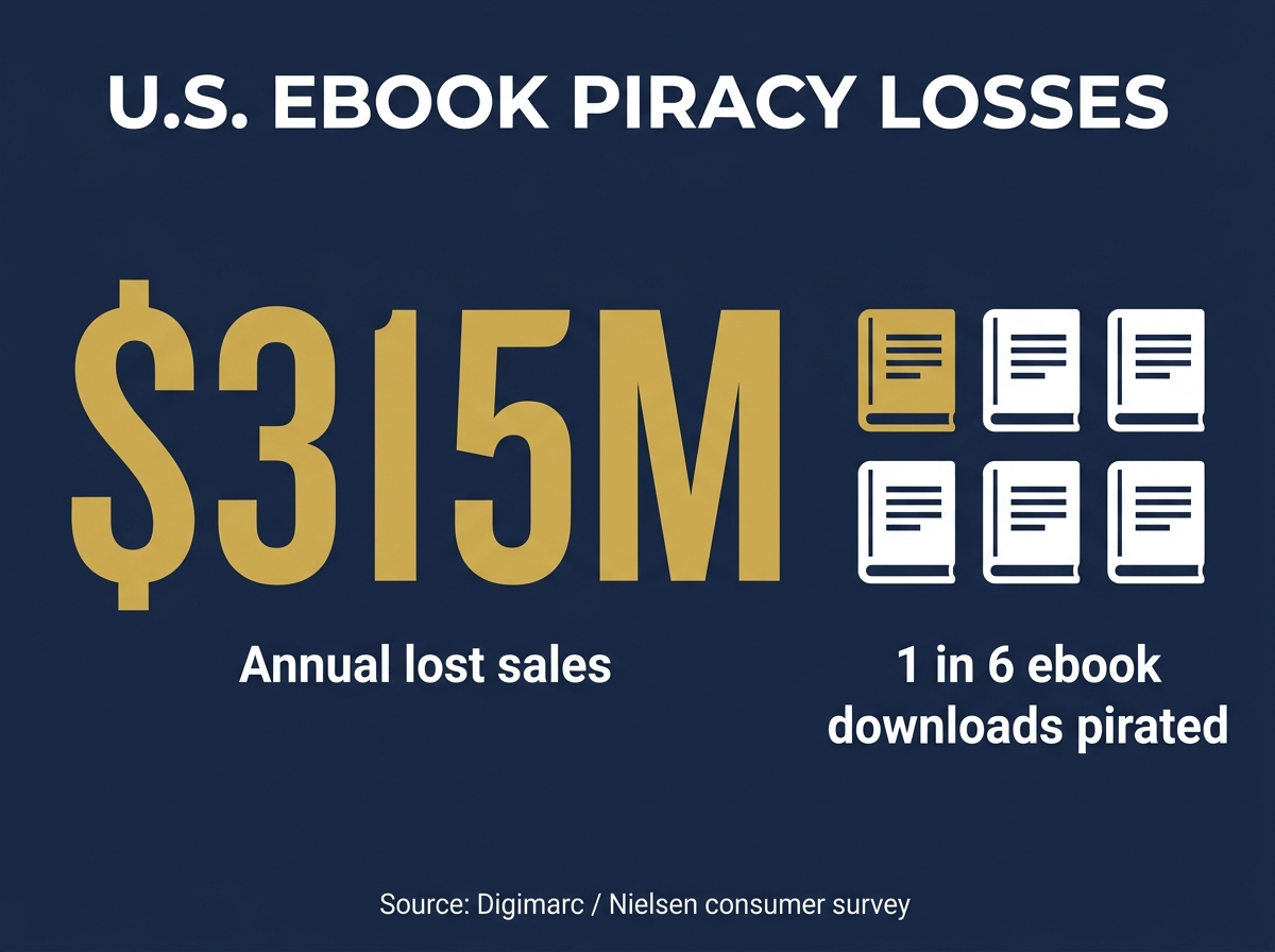 Bar chart showing $315M annual U.S. ebook piracy losses and the 1 in 6 pirated download ratio