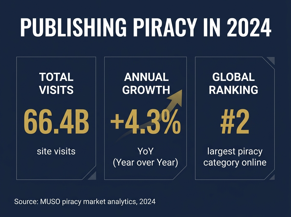 Comparison chart showing 66.4 billion publishing piracy site visits in 2024 with 4.3 percent year over year growth