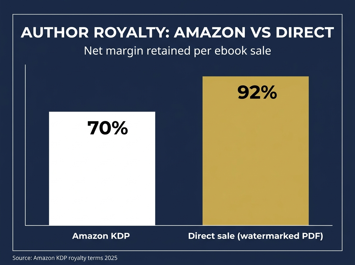 Side by side comparison chart of Amazon KDP 70 percent royalty cap versus 90 to 95 percent net margin on direct watermarked PDF sales