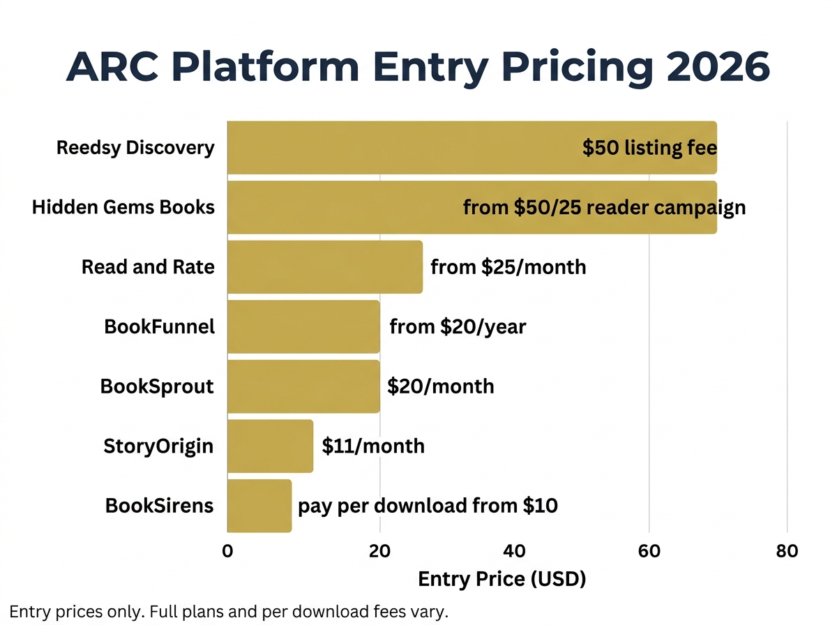 Horizontal bar chart comparing 2026 entry pricing across BookSprout alternatives including StoryOrigin, BookFunnel, Read and Rate, Voracious Readers Only, Reedsy Discovery, and Hidden Gems Books