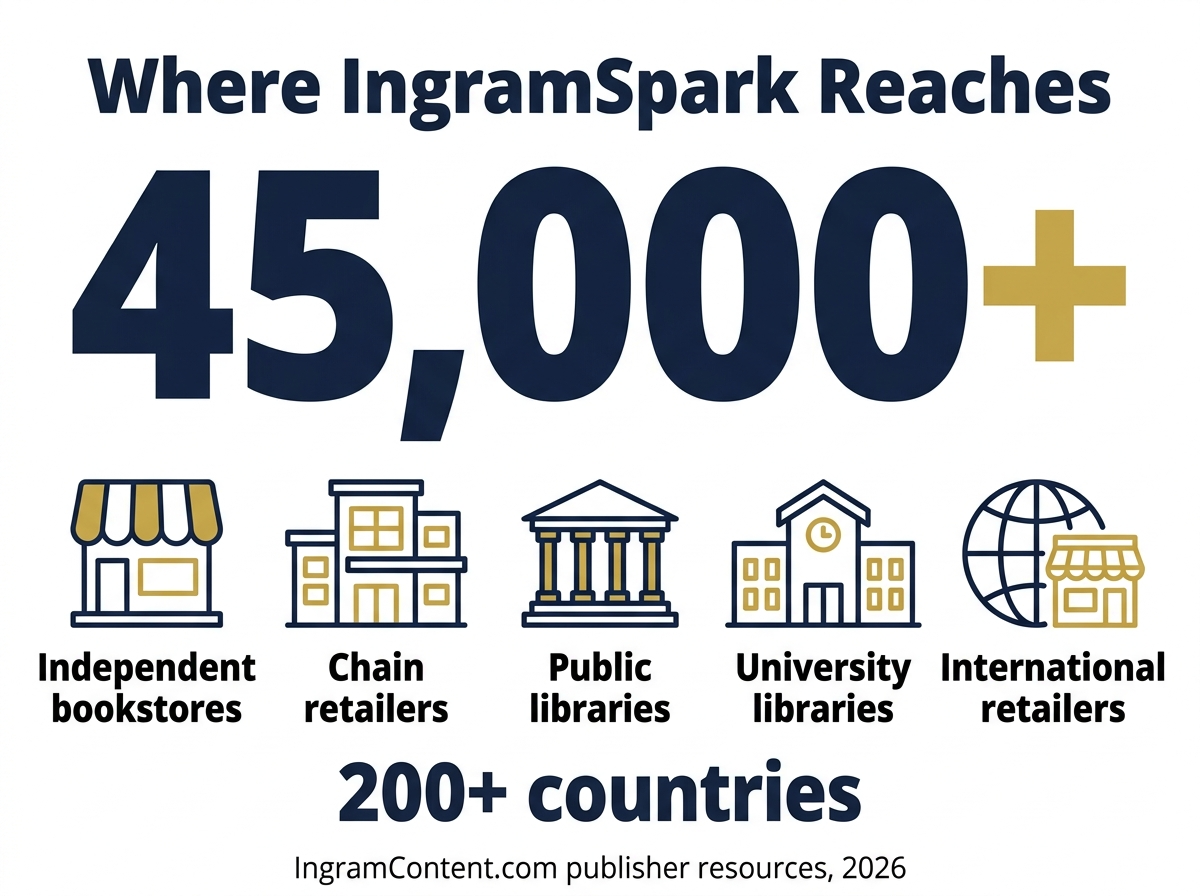 Infographic showing IngramSpark distribution reach: 45,000+ retail and library accounts across 200+ countries