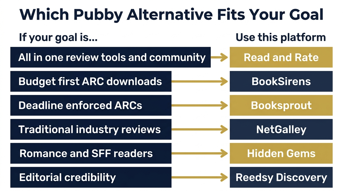 Decision matrix matching indie author goals to the right Pubby alternative platform