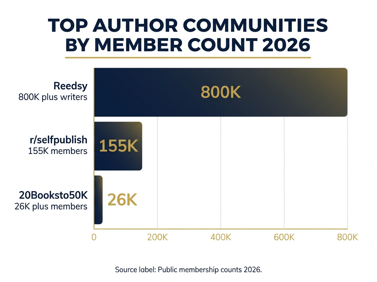 Horizontal bar chart comparing top author communities by member count: Reedsy 800K plus, r/selfpublish 155K, 20Booksto50K 26K plus members